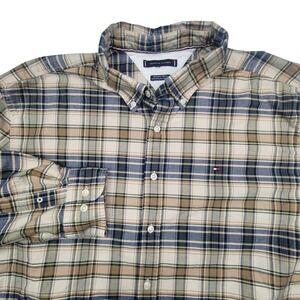Tommy Hilfiger Mens XXLT Plaid Tan Blue Regular Fit Stretch Button‎ Down Shirt